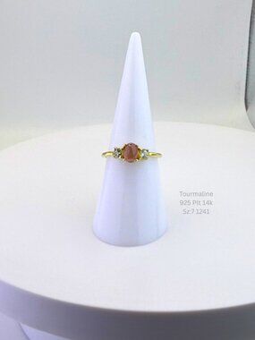 Pink Tourmaline Ring 925 Sterling Silver 14K Gold Accents Size 7